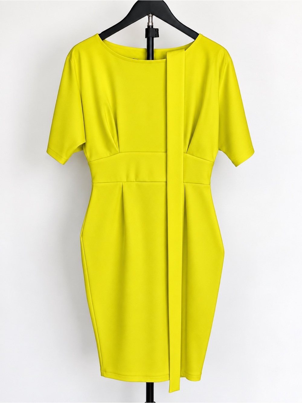 Neon Yellow Sheath Dress with Waist Sash